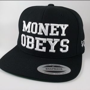 MONEY OBEYS Black & White Snapback Hat 3D Flat Bil